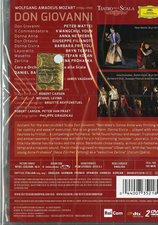 Wolfgang Amadeus Mozart. Don Giovanni (2 DVD) - DVD di Wolfgang Amadeus Mozart,Anna Netrebko,Bryn Terfel,Peter Mattei,Daniel Barenboim - 2