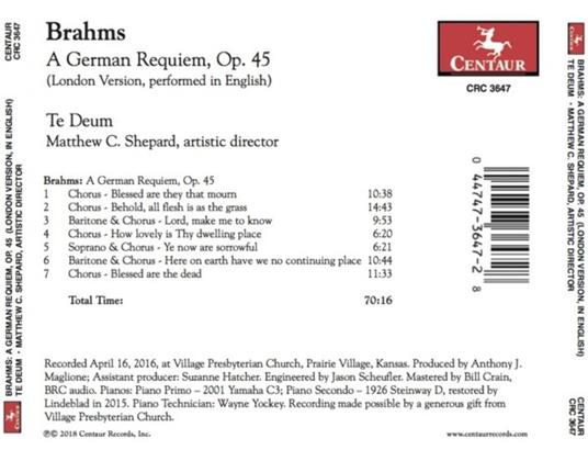 Brahms. A German Requiem Op.45 (London Version) - CD Audio di Te Deum - 2