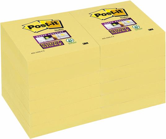 3M Post-it. Foglietti Super Sticky Colore Giallo Canary (Confezione Da 12 Blocchetti Senza Film Singolo Da 90 Fogli) 51x51mm