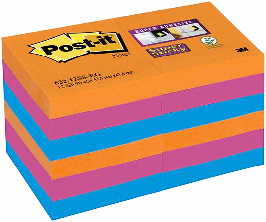 3M Post-it. Foglietti Super Sticky Colori Bangkok (12 Blocchetti 90 Fogli 47,6x47,6 Mm)