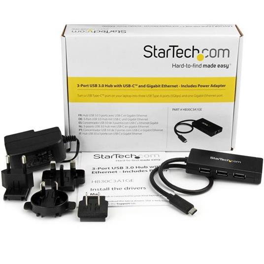 StarTech.com Hub USB 3.0 a 3 porte con USB-C e Ethernet Gigabit - Include Adattatore di Alimentazione - 5