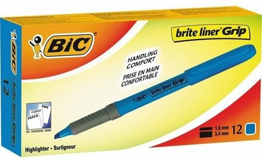 Evidenziatore a penna grip Bic azzurro. Confezione 12 pezzi