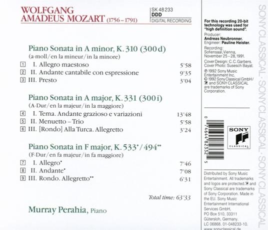 Sonate per pianoforte - CD Audio di Wolfgang Amadeus Mozart,Murray Perahia