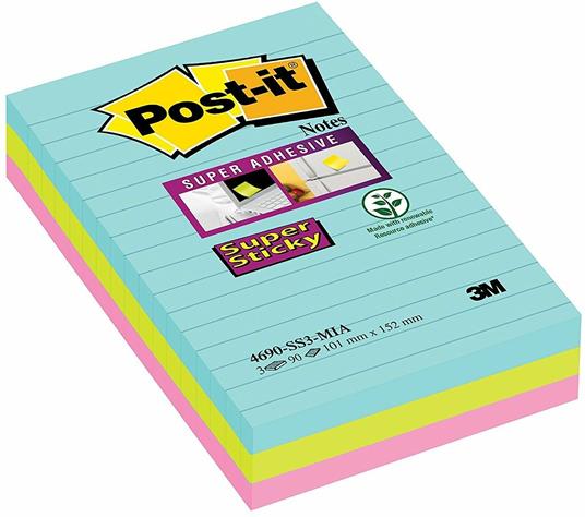 3M Post-it. Foglietti Post-It Super Sticky Grandi Formati. Confezione Da 3 Blocchetti Senza Film Singolo Da 90 Fogli