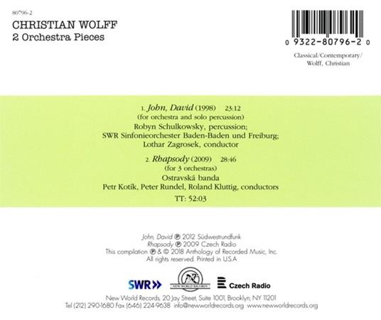 2 Orchestra Pieces - CD Audio di Christian Wolff - 2