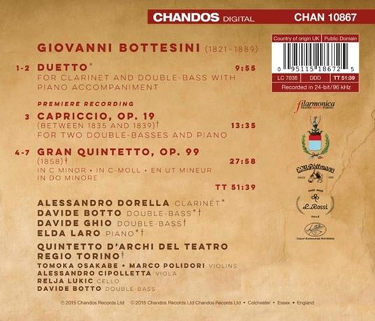 Duetto - Capriccio - Gran Quintetto - CD Audio di Giovanni Bottesini