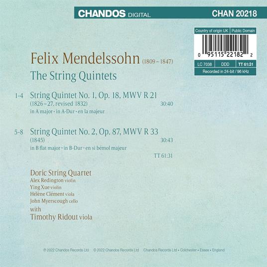 The String Quintets - CD Audio di Felix Mendelssohn-Bartholdy,Doric String Quartet - 2