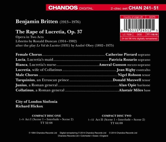 The Rape of Lucretia - CD Audio di Benjamin Britten,Richard Hickox,Catherine Pierard,Jean Rigby - 2