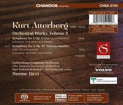 Sinfonia n.1 in Si minore op.3 - Sinfonia n.5 in Re minore op.20 - SuperAudio CD ibrido di Neeme Järvi,Kurt Magnus Atterberg