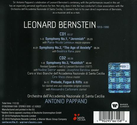 Le 3 sinfonie - CD Audio di Leonard Bernstein,Antonio Pappano,Orchestra dell'Accademia di Santa Cecilia,Marie-Nicole Lemieux,Beatrice Rana - 2
