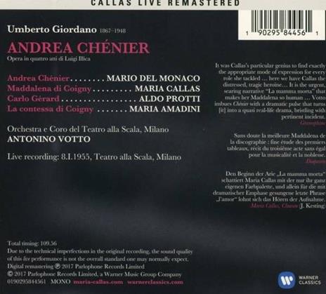 Andrea Chénier. Milano 8 gennaio 1955 (Callas Live Remastered) - CD Audio di Maria Callas,Mario Del Monaco,Umberto Giordano,Antonino Votto - 2