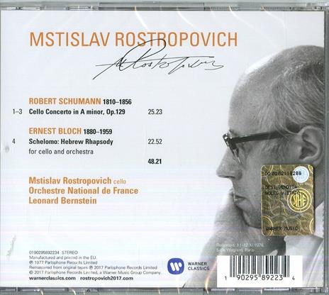Concerto per violino / Schelomo - CD Audio di Leonard Bernstein,Robert Schumann,Ernest Bloch,Mstislav Rostropovich,Orchestre National de France - 2