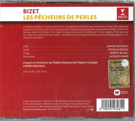 I pescatori di perle (Les pêcheurs de perles) - CD Audio di Georges Bizet,Nicolai Gedda,Pierre Dervaux,Orchestra del Teatro Nazionale dell'Opera-Comique - 2