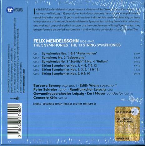 Sinfonie complete - CD Audio di Felix Mendelssohn-Bartholdy,Kurt Masur,Concerto Köln,Gewandhaus Orchester Lipsia - 2
