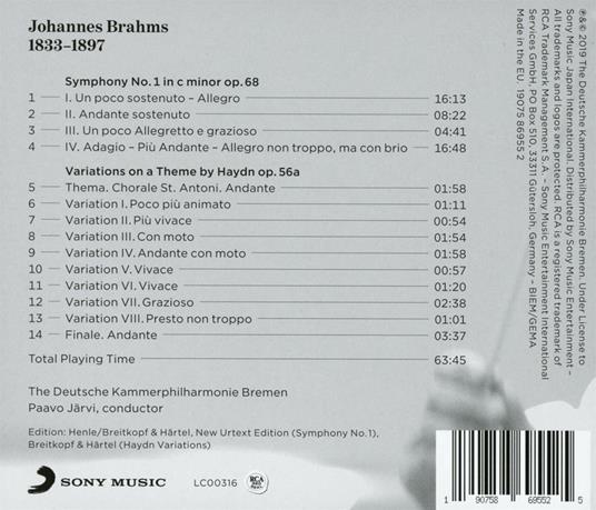 Sinfonia n.1 - Variazioni Haydn - CD Audio di Johannes Brahms,Paavo Järvi,Deutsche Kammerphilharmonie - 2