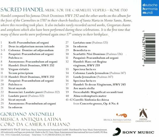 Sacred Händel. Music for the Carmelite Vesper Rome 1700 - CD Audio di Georg Friedrich Händel,Musica Antiqua Latina,Coro da Camera Italiano - 2