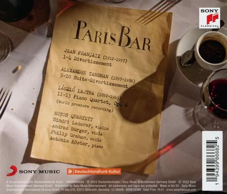 Paris Bar. Francaix, Tansman, Lajtha - CD Audio di Jean Françaix,Alexandre Tansman,Laszlo Lajtha,Notos Quartett - 2