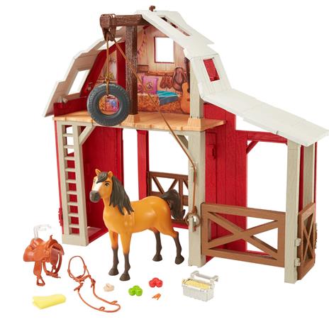 Spirit Stalla con Maneggio, Playset con cavallo Spirit, 3 aree di gioco e 10 accessori inclusi. Mattel (HBP29)