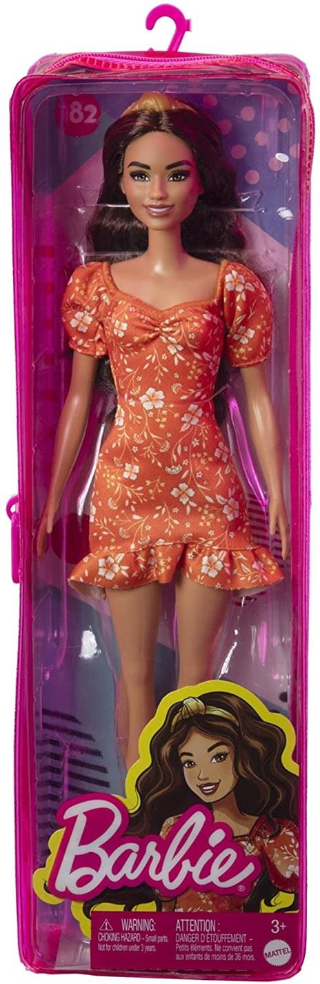 Barbie Fashionistas Bambola n. 182 - Bambola con Capelli Castani e Abito Floreale - Scarpe con Tacco Rosa - Borsa in Vinile - 6