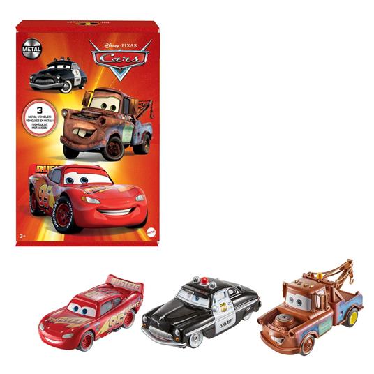 Disney Pixar Cars- Confezione da 3 Veicoli Radiator Springs, con Macchinine Saetta McQueen, Sceriffo e Cricchetto, Giocattolo per Bambini 3+ Anni, HBW14