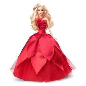 Giocattolo Barbie Magia delle Feste 2022, bambola con abito rosso, stella di Natale applicata alla scollatura Barbie