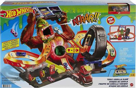 Hot Wheels - ​Playset Assalto del Gorilla Velenoso con Luci e Suoni, Macchinina e Lanciatore Regolabile, Giocattolo per Bambini 5+Anni, HBY95, Imballaggio Sostenibile - 6