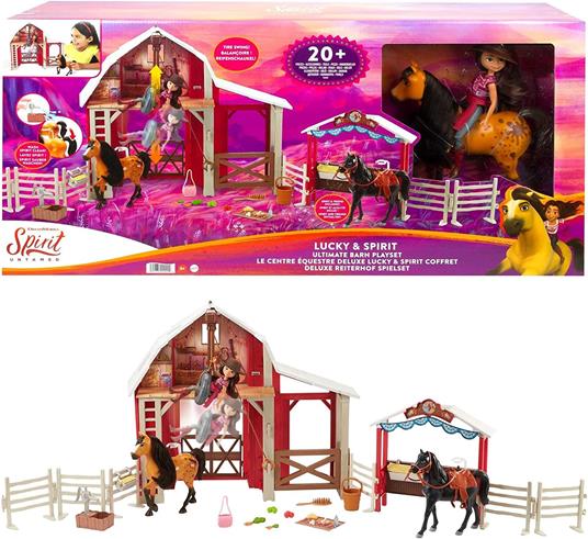 Spirit - Playset Grande Stalla dei Cavalli con Bambola Lucky, Cavallo Spirit con Funzione Cambia Colore, Cavallo Nero e Tanti Accessori, Giocattolo per Bambini 3+ Anni, HDK57