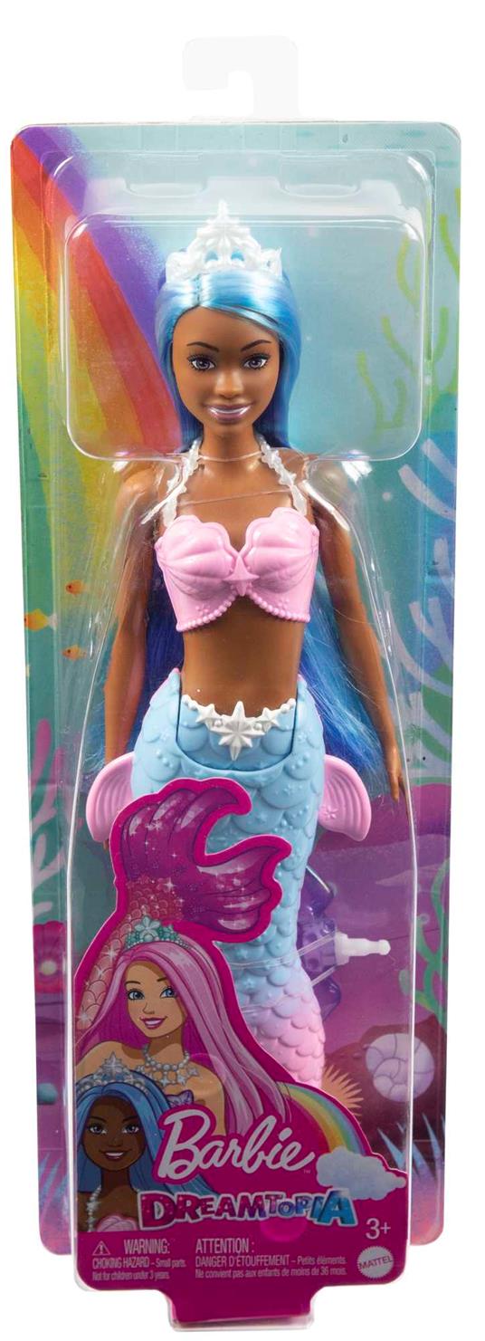 Barbie Dreamtopia, bambola dai capelli blu e coroncina regale, con corpetto a conchiglia e la coda multicolore sfumata - 6