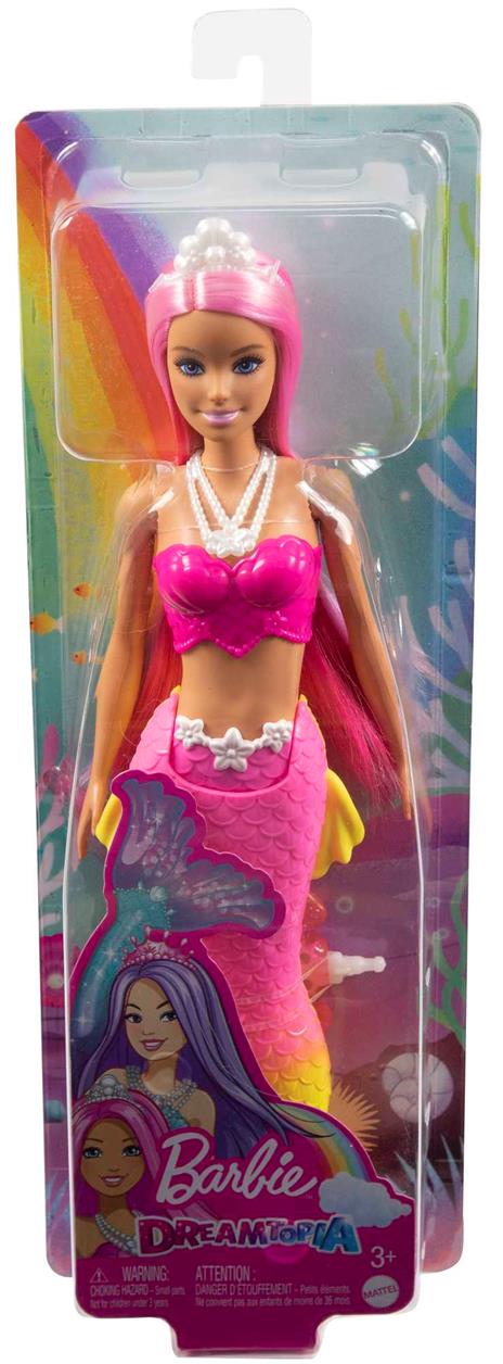 Barbie Dreamtopia, bambola dai capelli rosa e coroncina regale, con corpetto a conchiglia e la coda multicolore sfumata - 6