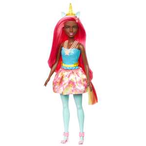 Giocattolo Barbie Dreamtopia, Bambola con capelli rosa e gialli, con gonna, coda di unicorno rimovibile e fascia per capelli Barbie