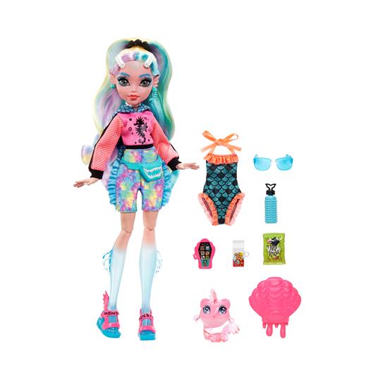 Monster high  lagoona blue, bambola snodata alla moda e capelli con ciocche colorate, con accessori e cucciolo di piranha