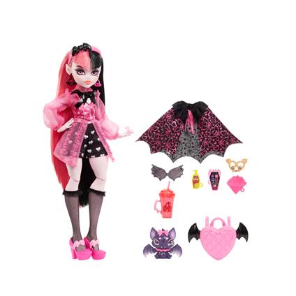 Monster high  draculaura, bambola con accessori e cucciolo di pipistrello, snodata e alla moda con capelli rosa e neri