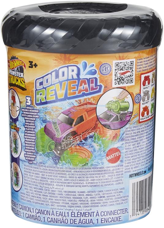Hot Wheels Monster Trucks Color Reveal, 1 veicolo giocattolo con sorpresa ed effetto cambia colore ripetibile con acqua calda e fredda, giocattolo per bambini 3+ Anni - 3