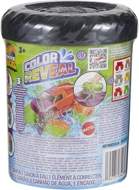 Hot Wheels Monster Trucks Color Reveal, 1 veicolo giocattolo con sorpresa ed effetto cambia colore ripetibile con acqua calda e fredda, giocattolo per bambini 3+ Anni - 4