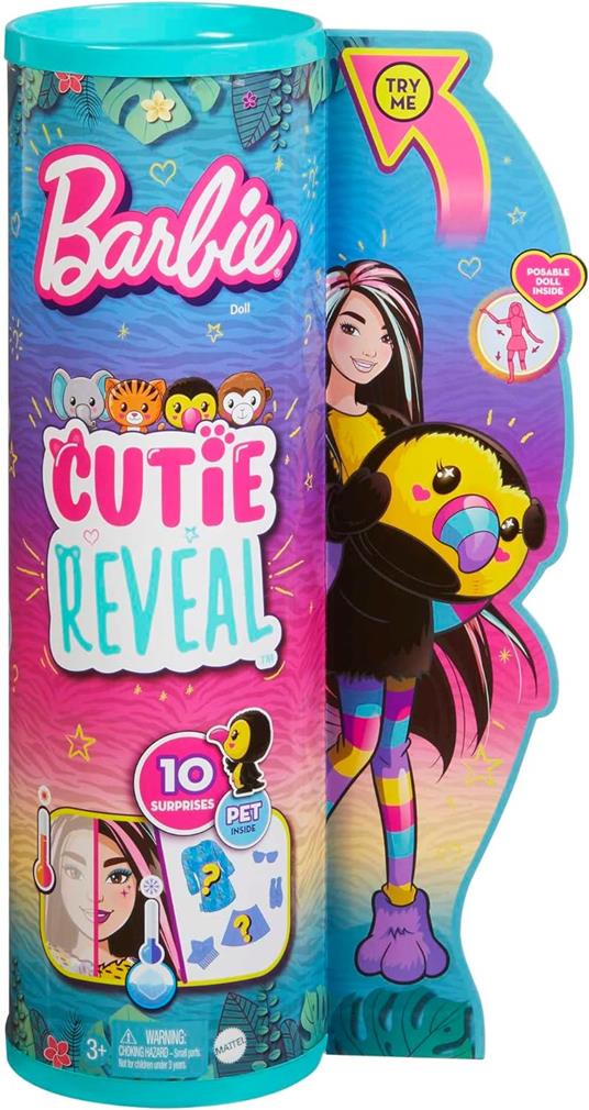 Barbie  barbie cutie reveal tucano, serie amici della giungla, bambola con costume da tucano di peluche - 6