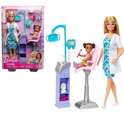 Barbie Carriere - Playset Barbie Dentista, bambola dottoressa bionda e piccola paziente, postazione e strumenti da dentista e tanti accessori, giocattolo per bambini