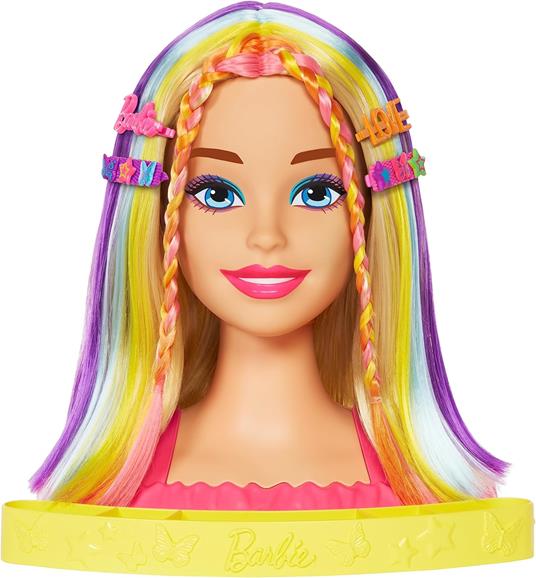 Barbie super chioma hairstyle capelli arcobaleno, testa pettinabile con capelli biondi e ciocche arcobaleno fluo