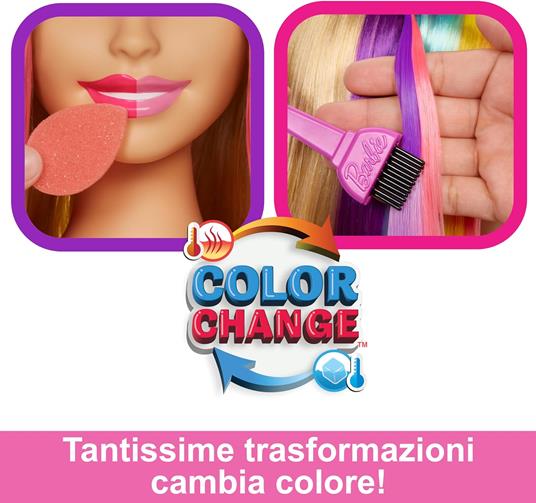 Barbie - Hairstyle Capelli Arcobaleno, pettinabile con capelli mossi  castani e ciocche arcobaleno fluo, per creare tante acconciature, accessori  Color Reveal, giocattolo per bambini, 3+ anni, HMD80 : : Giochi e  giocattoli