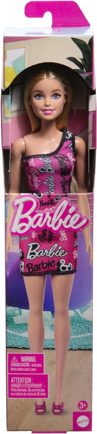 Barbie - Bambola bionda con capelli lisci, indossa un abito monospalla rosa e scarpe removibili con stampa del logo - 6