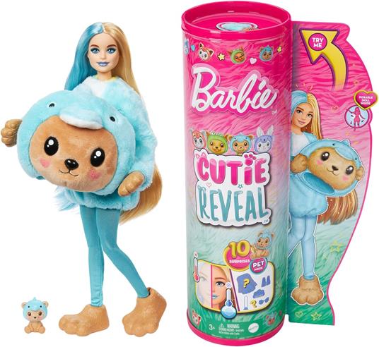 Barbie Cutie Reveal - Bambola con Costume di Peluche da Orsacchiotto-Delfino e 10 Accessori a Sorpresa Cambia Colore