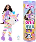 Barbie , Cutie Reveal Serie Color Dream, bambola con costume da zebra di peluche arcobaleno e 10 accessori a sopresa con effetto cambia colore,Mattel,Eta 3+
