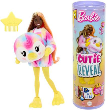 Barbie , Cutie Reveal Serie Color Dream, bambola con costume da pinguino di peluche tye-die e 10 accessori a sopresa con effetto cambia colore,Mattel,Eta 3+