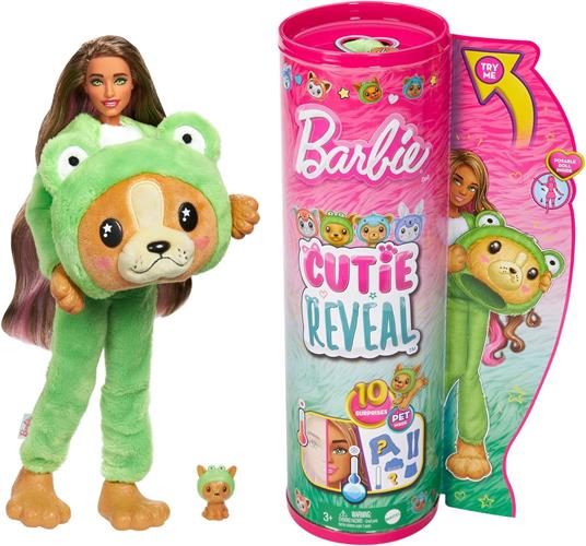 Barbie Cutie Reveal - Bambola con Costume di Peluche da Cagnolino-Rana e 10 Accessori a Sorpresa Cambia Colore