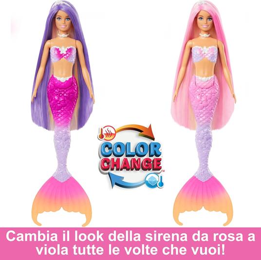 Barbie - Malibu Sirena, Bambola con Capelli Rosa e accesory per Lo styiling, Funzione Cambia Colore in Acqua - 3