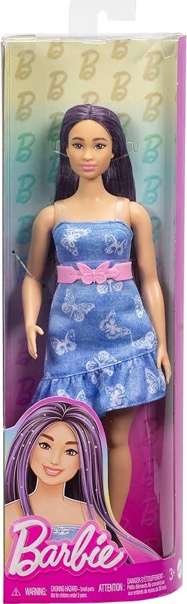 Barbie Fashionistas 231 Vestito Denim Stampa Farfalla Capelli Viola