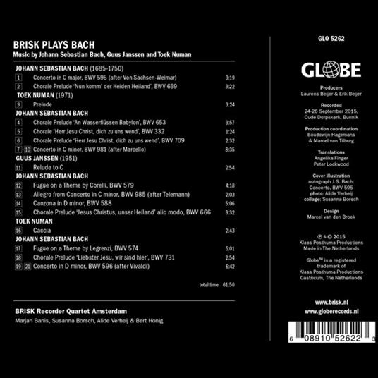 Brisk Plays Bach - CD Audio di Johann Sebastian Bach,Brisk Recorder Quartet - 2