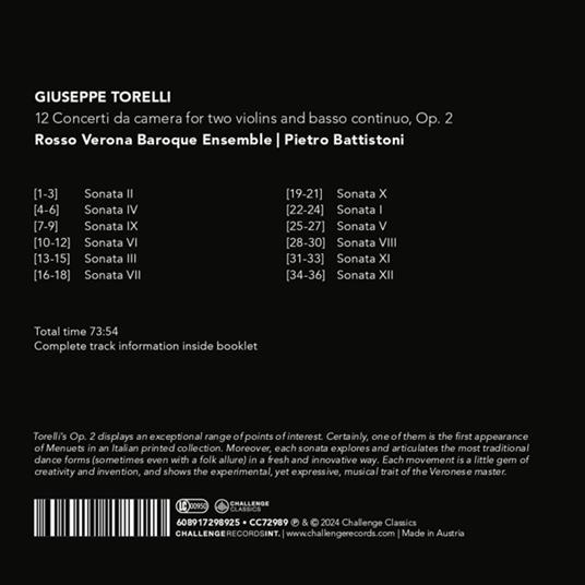 12 Concerti Da Camera For Two Violins And Basso Continuo, Op. 2 - CD Audio di Giuseppe Torelli - 2
