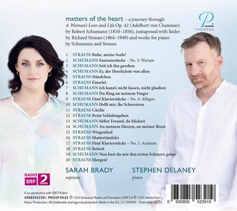 Schumann & Strauss. Matters Of The Heart - A Journey Through A Woman'S Love & Life - CD Audio di Sarah & Stephen Delaney Brady - 2