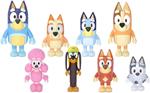 Bluey Family and Friends - Confezione da 8 figure articolate da 2,5 cm, blu, bingo, bandito (papà), peperoncino (mamma), cocco, Snickers, arrugginito e muffin, giocattolo ufficiale da collezione