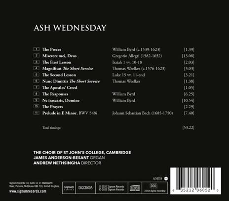 Ash Wednesday - CD Audio di Choir St. John'S College Cambridge-Andrew Nethsingha - 2